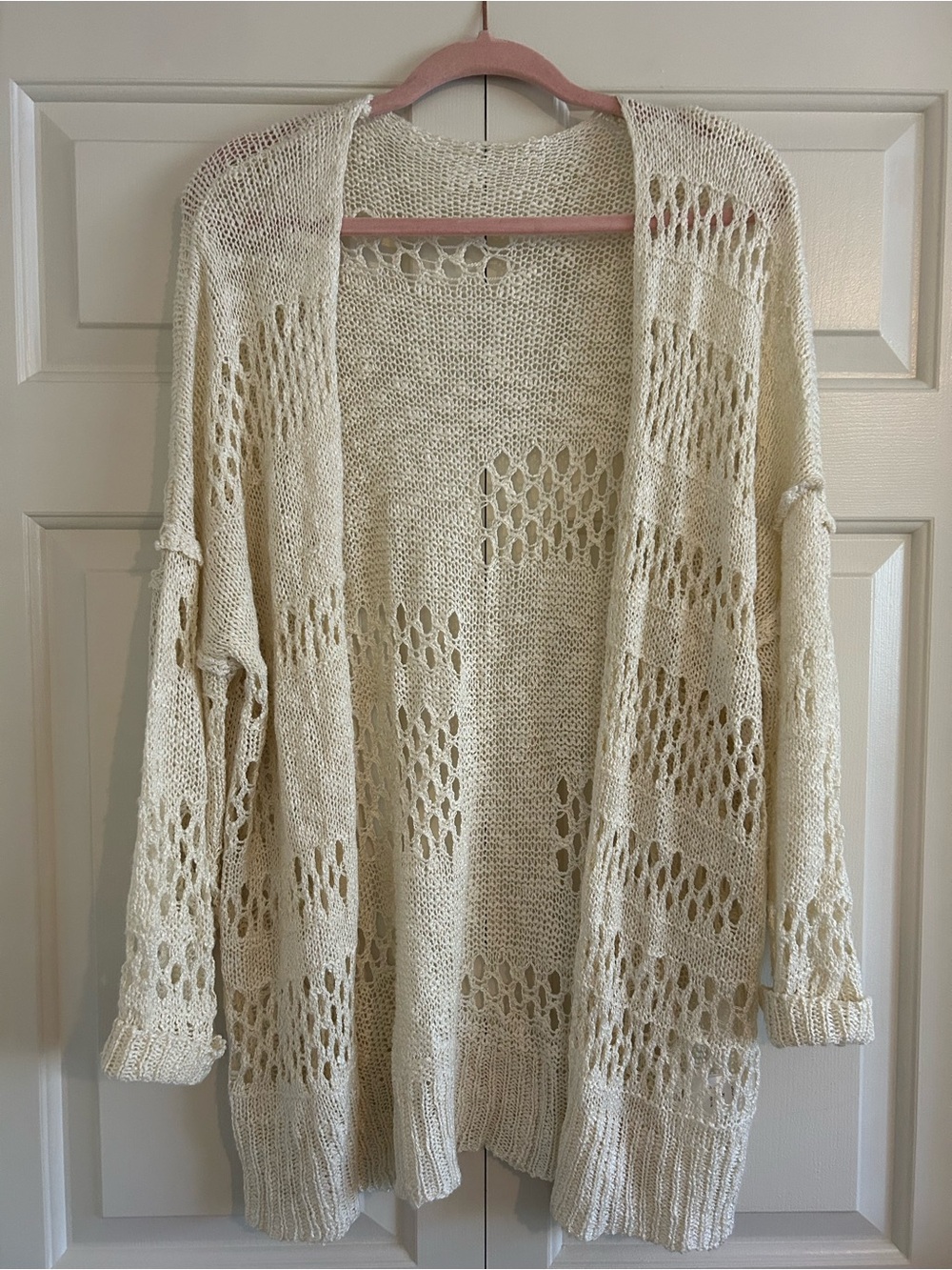 Open-Front Cream Knit Crochet Cardigan Sweater Bohemian Coastal Beach, Size XL